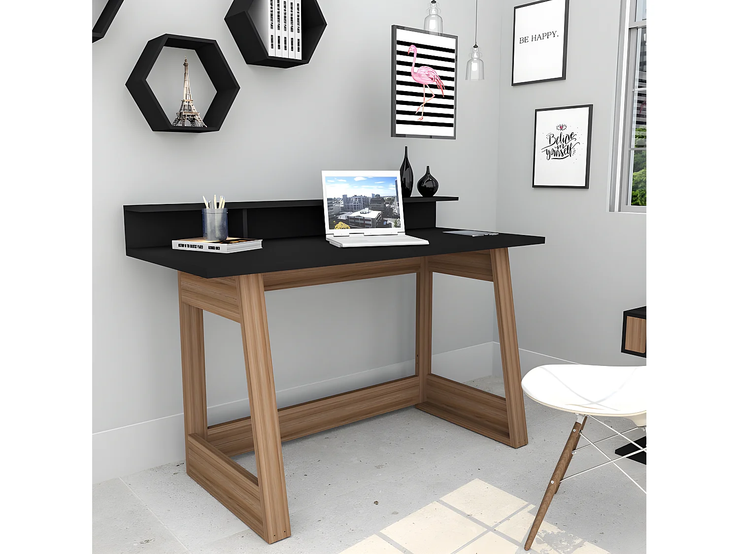 Bureau Gamer avec Surmeuble 135 cm Chêne et Noir