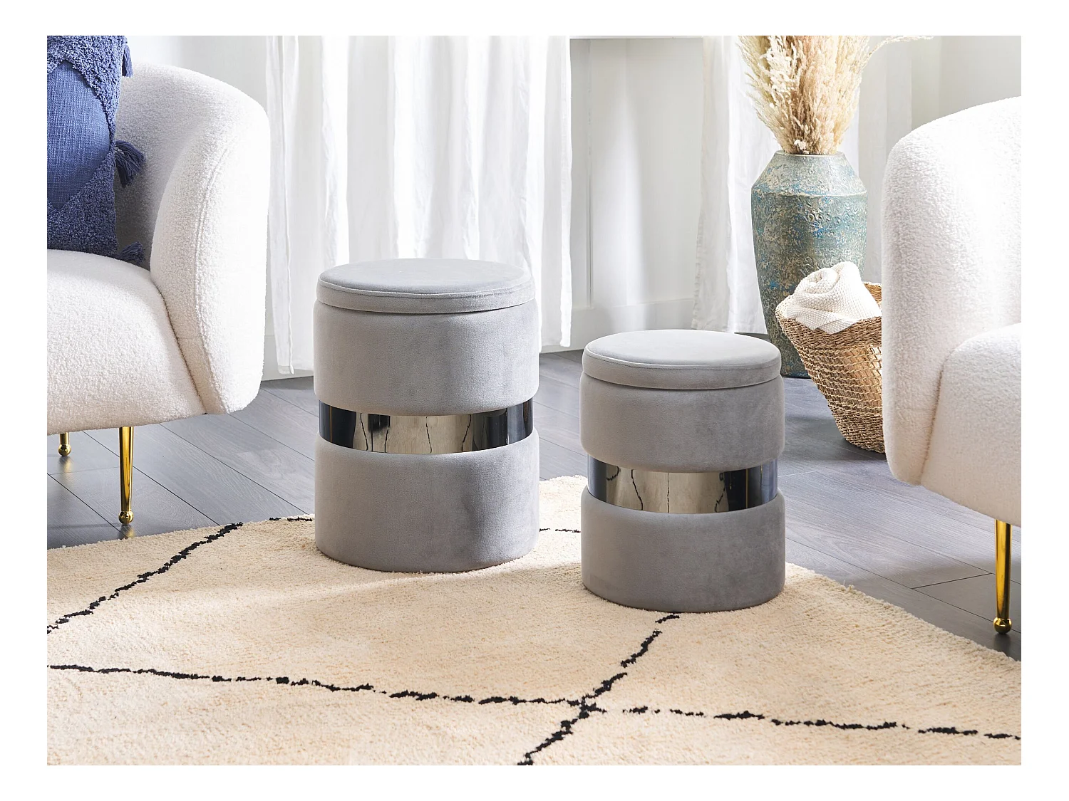 Pouf mit Stauraum rund Samt grau Metall 2er Set Sitzhocker Glamour Look Doris