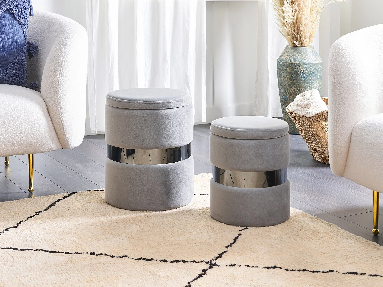 Pouf mit Stauraum rund Samt grau Metall 2er Set Sitzhocker Glamour Look Doris