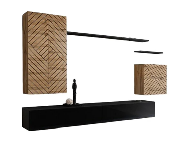 Conjunto de muebles de salón SWITCH II – Roble Wotan y Negro – Acabados en efecto roble fresado y negro brillante – Diseño moderno