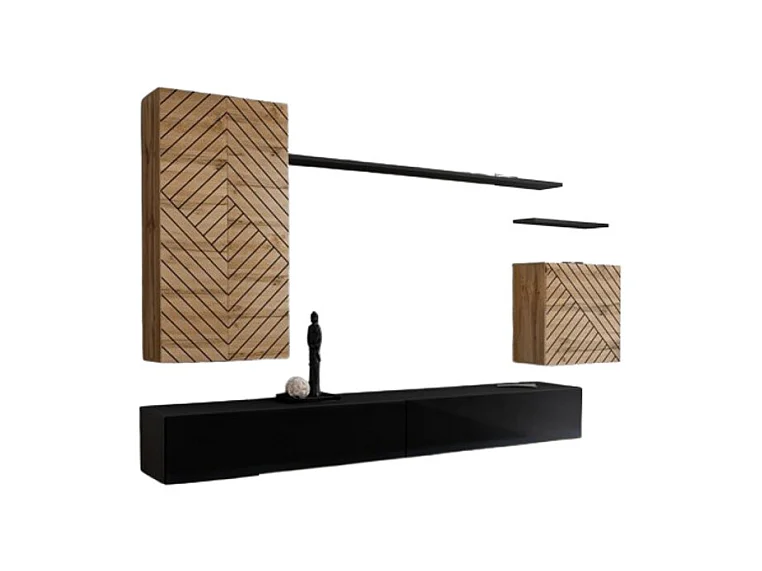Ensemble meuble salon SWITCH II – Chêne Wotan et Noir – Finitions effet chêne fraisé et noir brillant – Design moderne