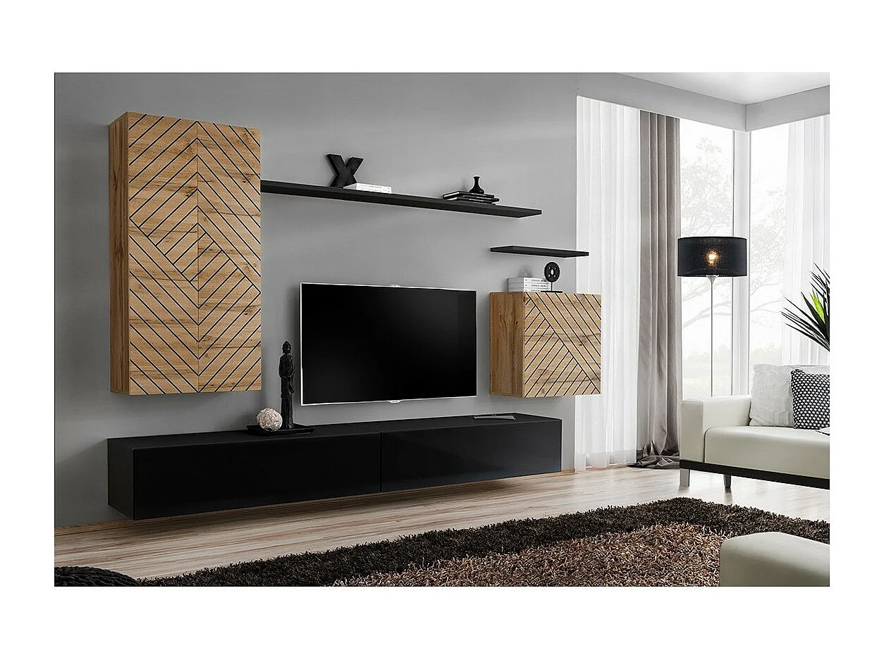 Conjunto de muebles de salón SWITCH II – Roble Wotan y Negro – Acabados en efecto roble fresado y negro brillante – Diseño moderno