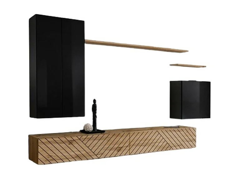 Conjunto de móveis para sala de estar SWITCH II design, nas cores preto e carvalho wotan. Acabamentos em preto brilhante efeito e carvalho fresado.