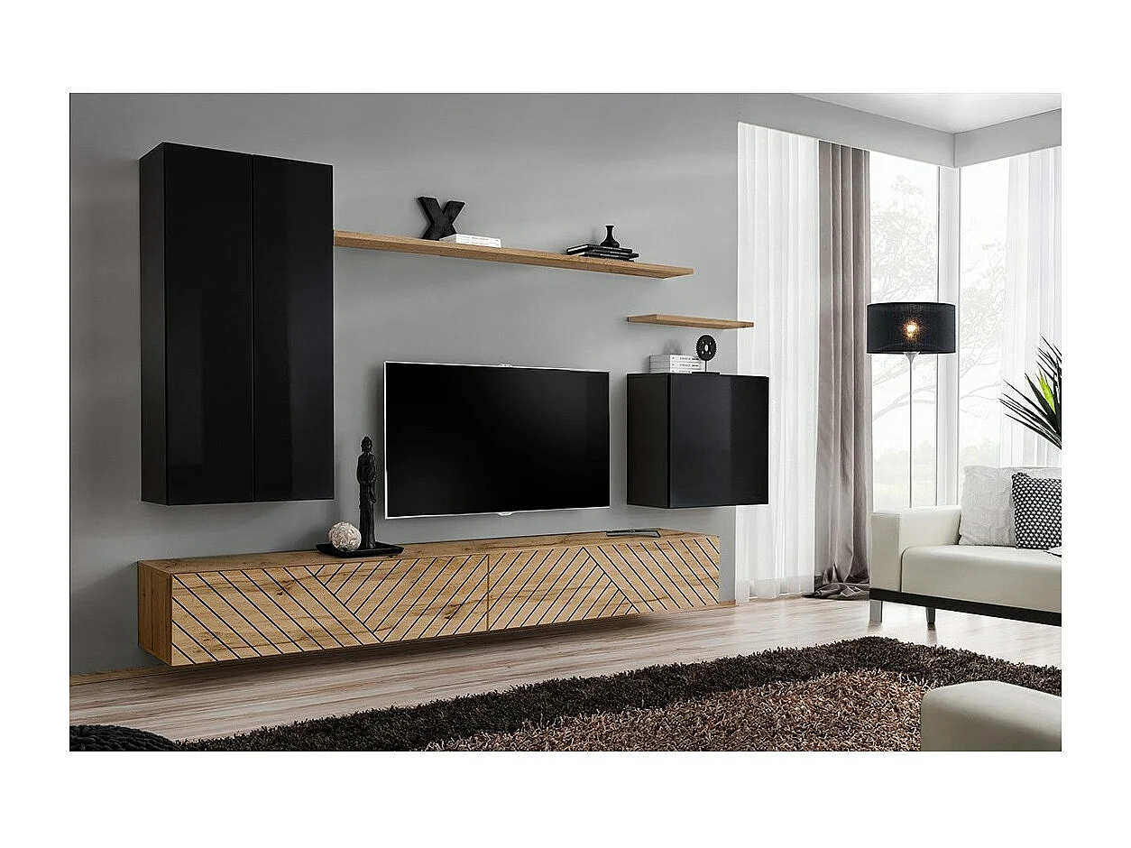 Wohnzimmermöbelset SWITCH II im Design, Farbe Schwarz und Wotan-Eiche. Oberflächen in glänzendem Schwarz und gefräster Eiche.