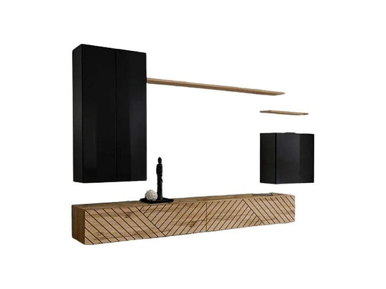 Ensemble meuble salon SWITCH II design, coloris noir et chêne wotan. Finitions effet noir brillant et chêne fraisé.