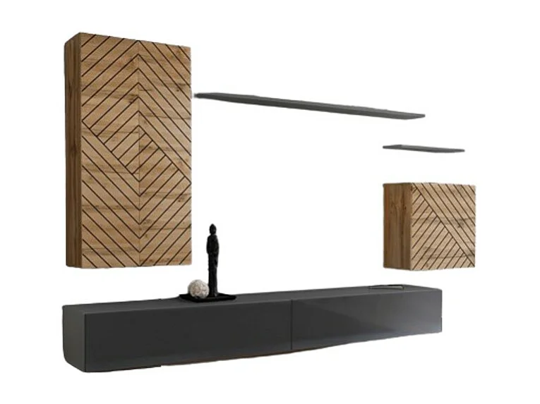 Conjunto de muebles de salón SWITCH II - Roble Wotan y Gris - Acabados efecto roble fresado y gris brillante - Diseño moderno