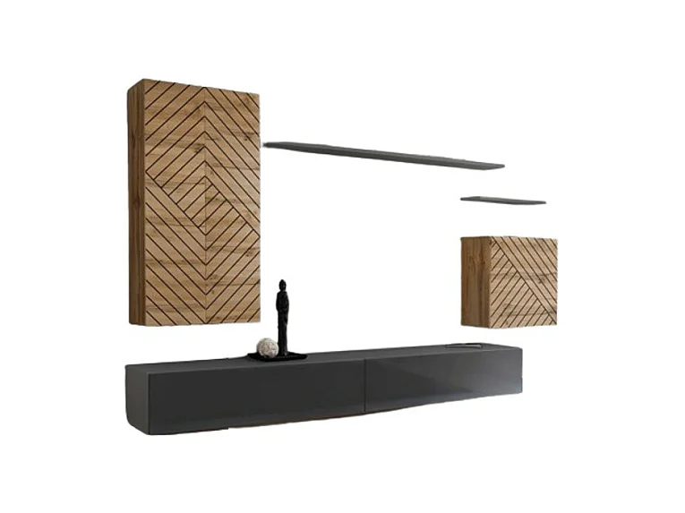 Ensemble meuble salon SWITCH II – Chêne Wotan et Gris – Finitions effet chêne fraisé et gris brillant – Design moderne