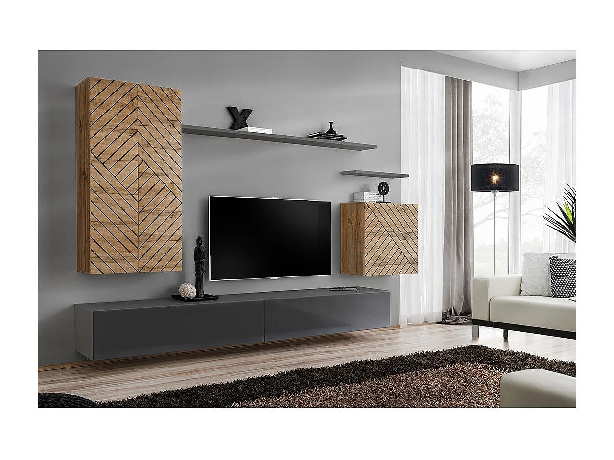 Ensemble meuble salon SWITCH II – Chêne Wotan et Gris – Finitions effet chêne fraisé et gris brillant – Design moderne