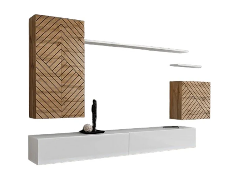 Ensemble meuble salon SWITCH II – Chêne Wotan et Blanc – Finitions effet chêne fraisé – Design moderne