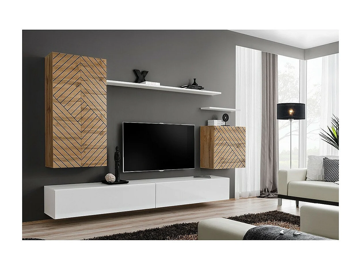 Insieme di mobili per soggiorno SWITCH II – Rovere Wotan e Bianco – Finiture effetto rovere fresato – Design moderno