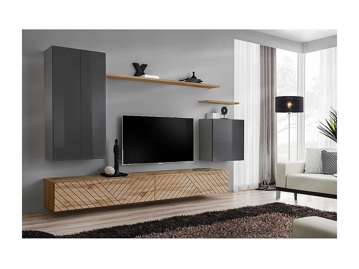 Ensemble meuble salon SWITCH II, gris et chêne wotan, finitions effet gris brillant et chêne fraisé