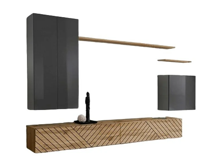 Ensemble meuble salon SWITCH II, gris et chêne wotan, finitions effet gris brillant et chêne fraisé