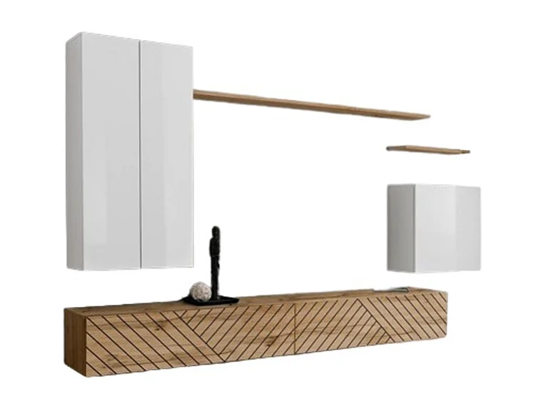 Salonmeubelset SWITCH II design, in witte en Wotan eiken kleuren. Afwerkingen in glanzend wit effect en gefreesd eiken.