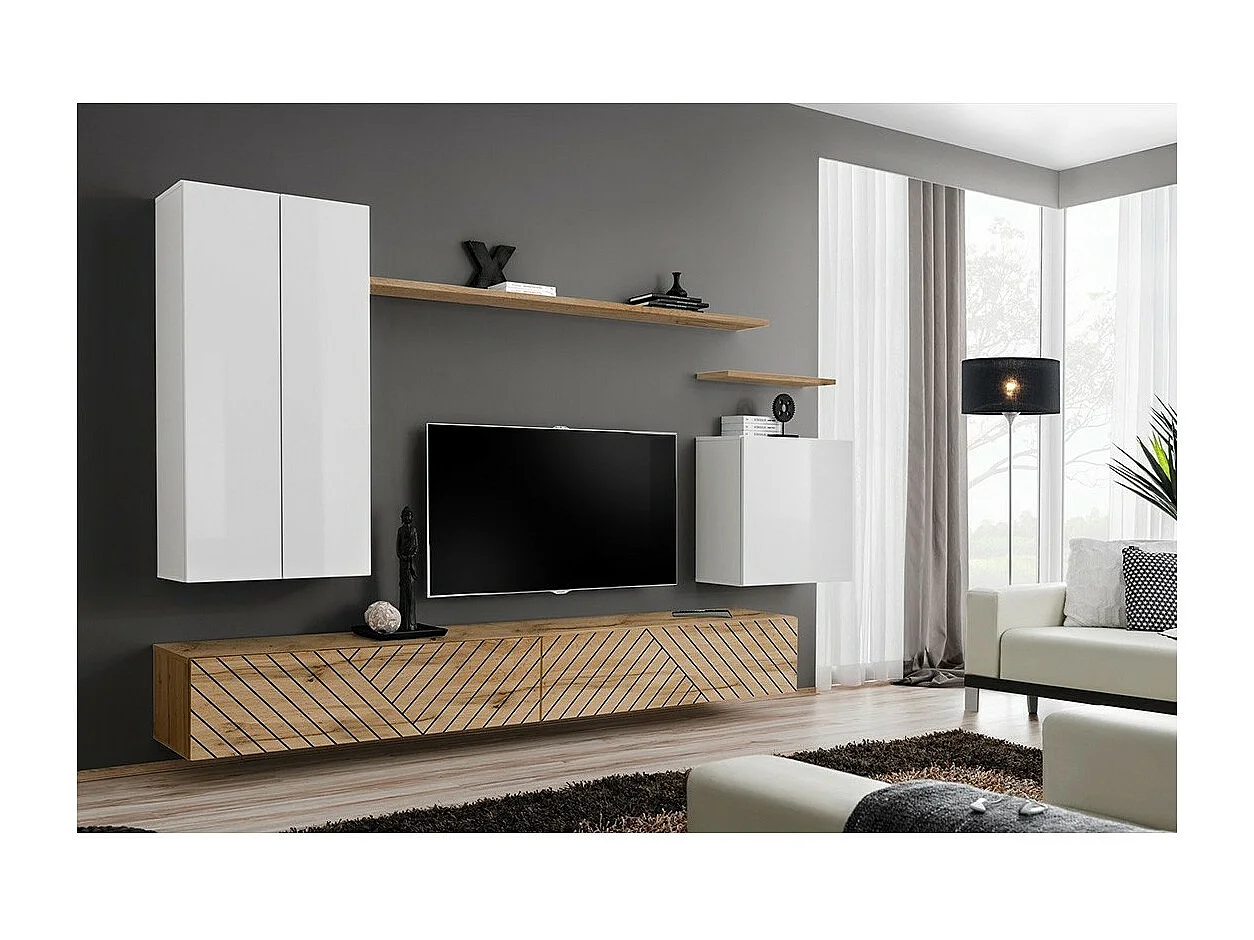 Salonmeubelset SWITCH II design, in witte en Wotan eiken kleuren. Afwerkingen in glanzend wit effect en gefreesd eiken.