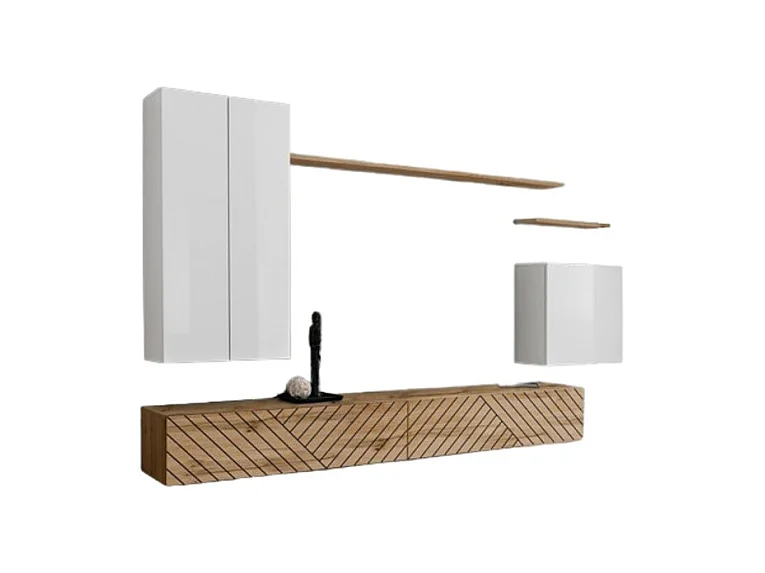 Salonmeubelset SWITCH II design, in witte en Wotan eiken kleuren. Afwerkingen in glanzend wit effect en gefreesd eiken.