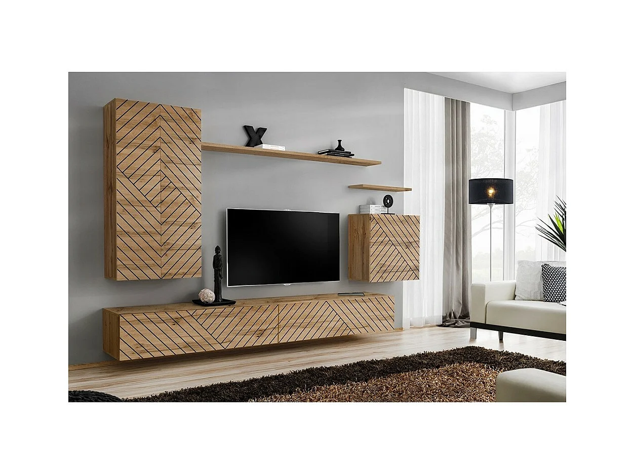 Wohnzimmermöbelset SWITCH II Design, Farbe Wotan-Eiche. Fronten mit gefräster Eichenoptik.