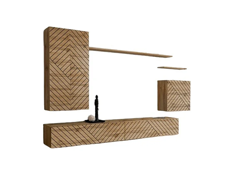 Ensemble meuble salon SWITCH II design, coloris chêne wotan. Finitions façades effet chêne fraisé.
