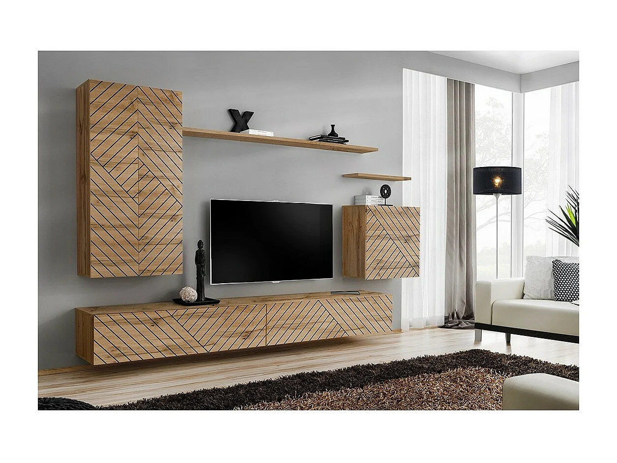 Ensemble meuble salon SWITCH II design, coloris chêne wotan. Finitions façades effet chêne fraisé.