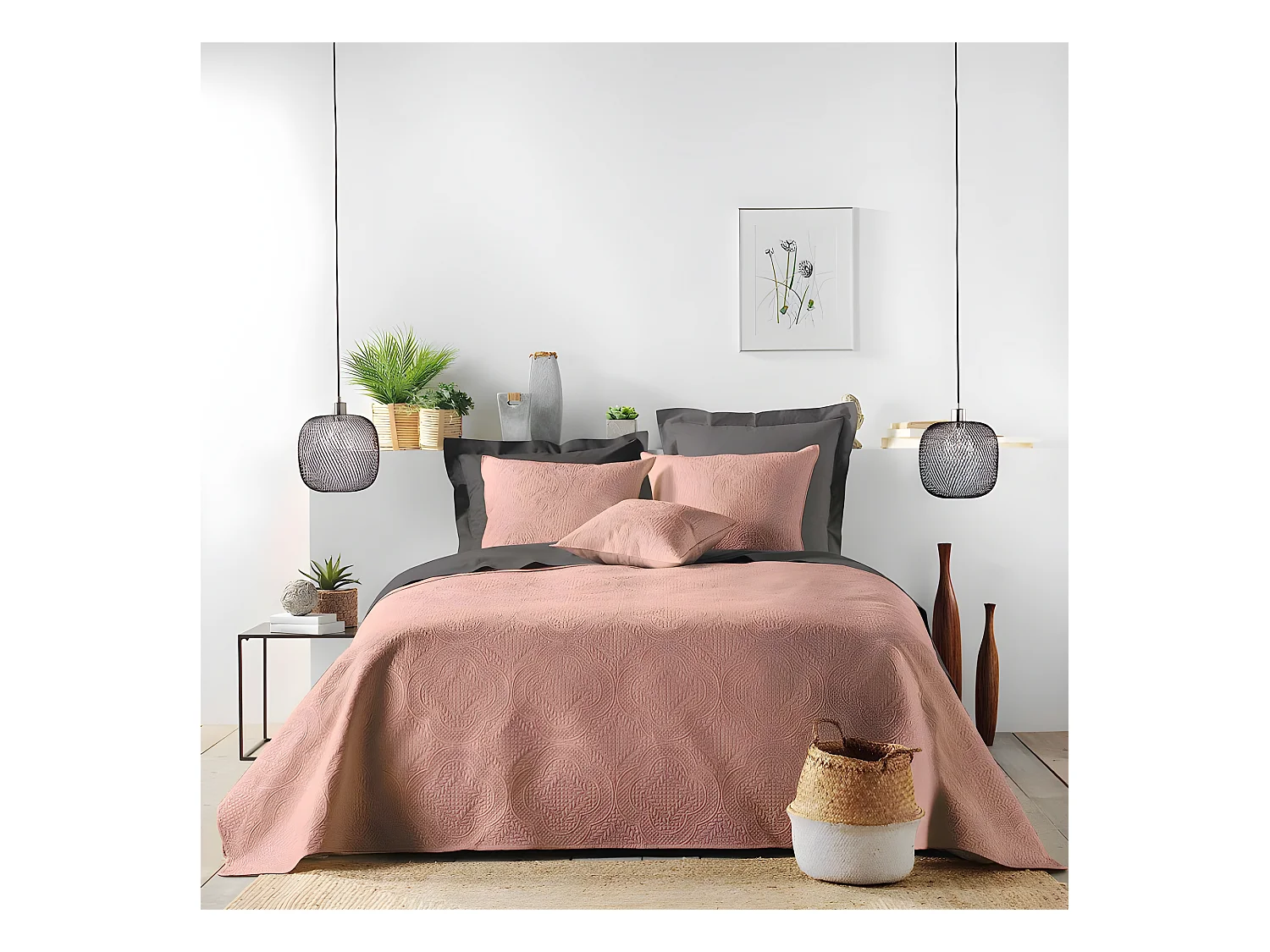 Couvre lit 2 personnes en microfibre matelassé "Romane" - Rose - 220 x 240 cm