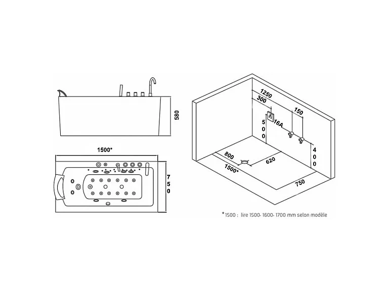 Baignoire balneo HAMILTON 160 droite ARCHIPEL® 160x75