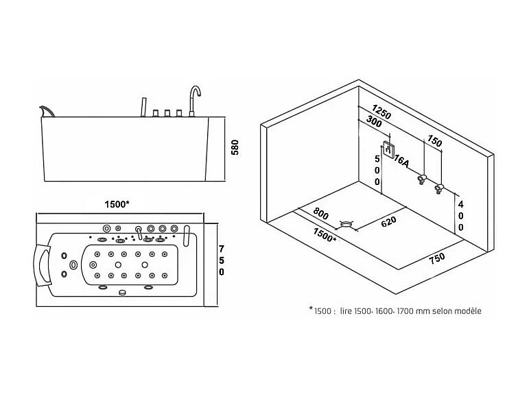 Baignoire balneo HAMILTON 160 droite ARCHIPEL® 160x75