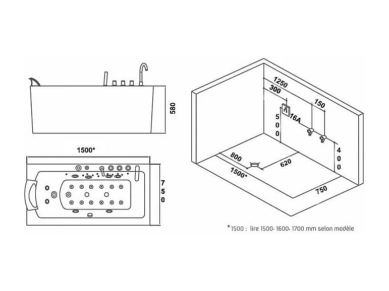 Baignoire balneo HAMILTON 160 droite ARCHIPEL® 160x75