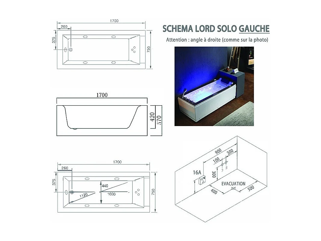 Baignoire balneo Lord Solo BLANC 1 place ARCHIPEL® 170x75 - GAUCHE