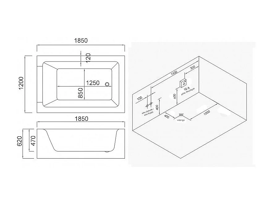 BAIGNOIRE BALNEO LORD DUO 2 PLACES ARCHIPEL® 185X120 - GAUCHE