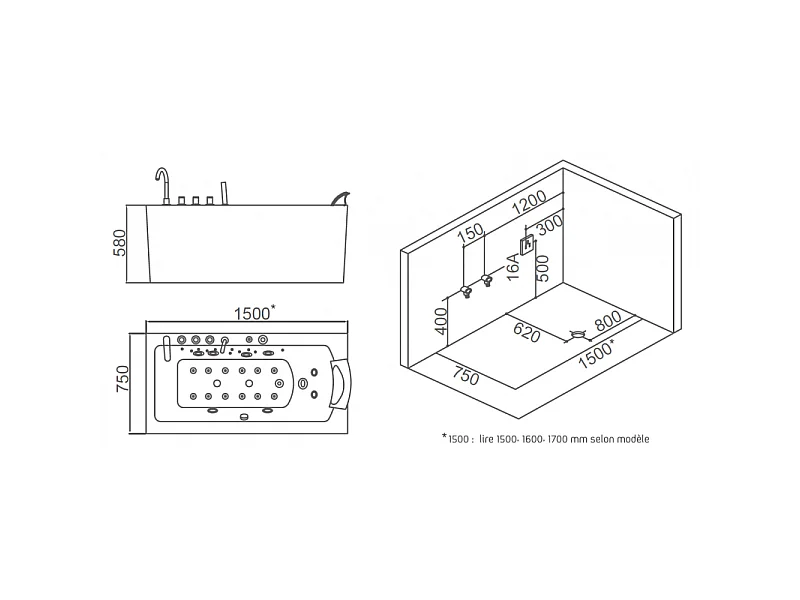 Baignoire balneo HAMILTON 160 ZELAND® 160x75 - angle gauche