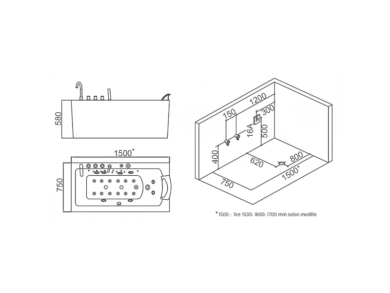 Baignoire balneo HAMILTON 160 ZELAND® 160x75 - angle gauche