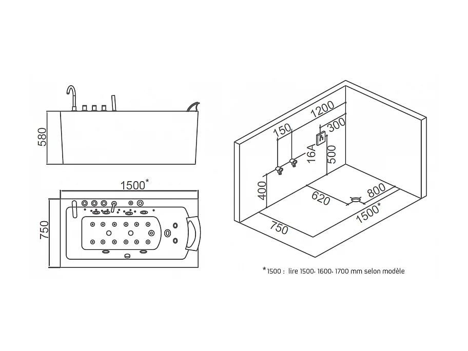 Baignoire balneo HAMILTON 160 ZELAND® 160x75 - angle gauche
