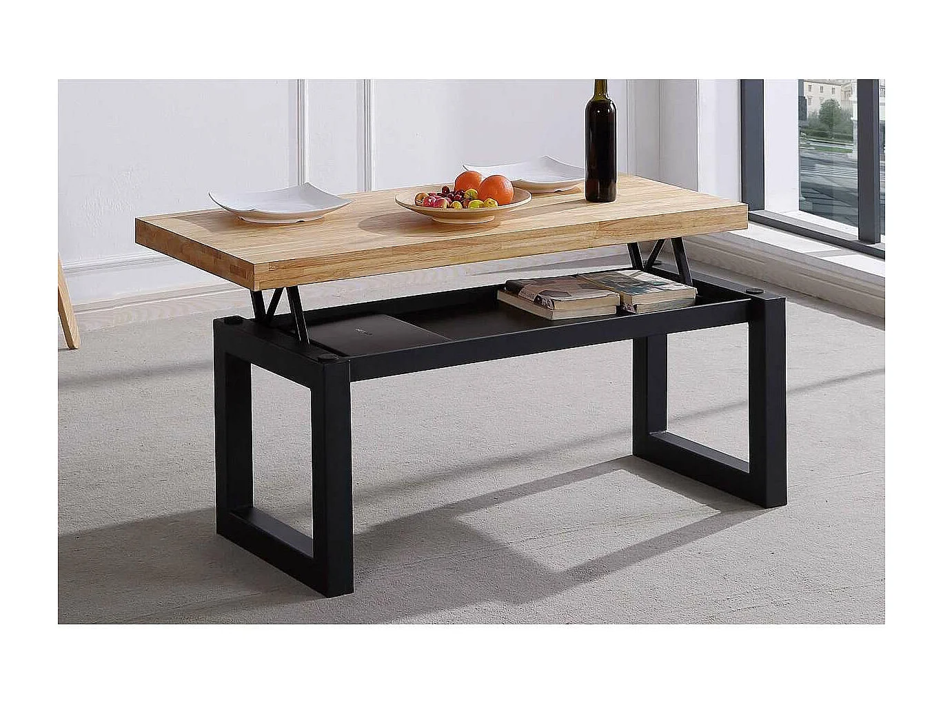 Mesa centro elevable Loft color roble nordish estructura en negro 47,5 cm(alto)120 cm(anch