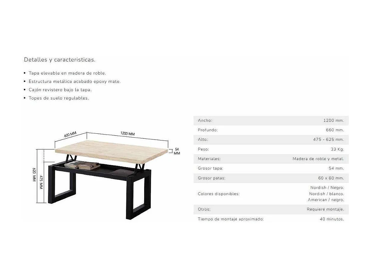 Mesa centro elevable Loft color roble nordish estructura en negro 47,5 cm(alto)120 cm(anch