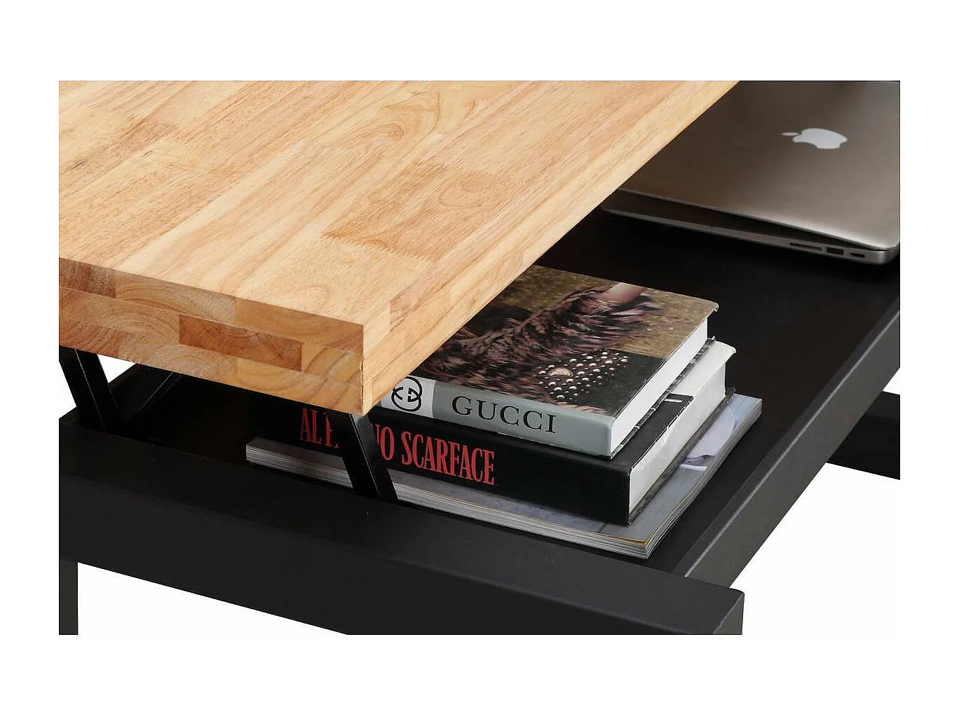 Mesa centro elevable Loft color roble nordish estructura en negro 47,5 cm(alto)120 cm(anch