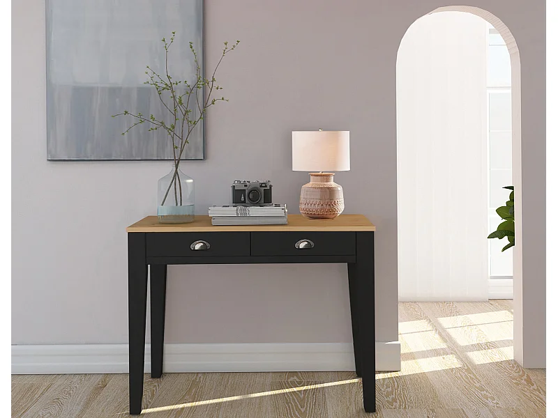 Escritorio con 2 Cajones en MDF Negro y Tapa en Pino Nature