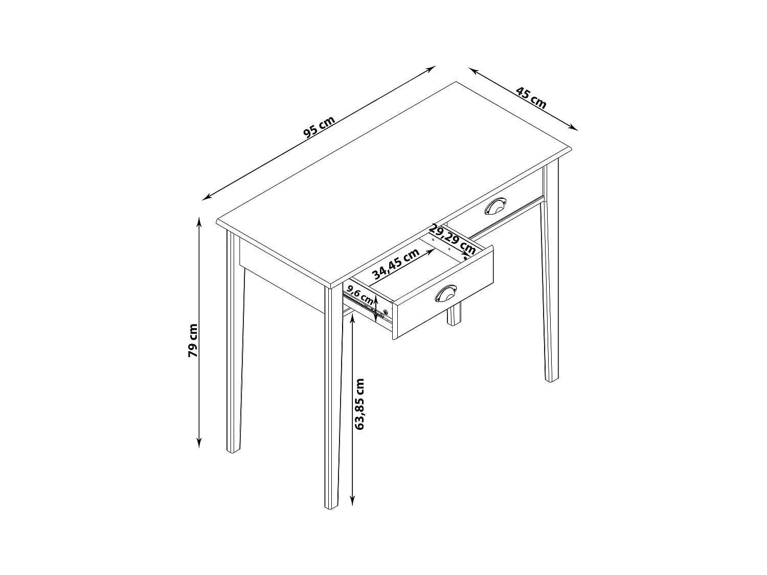 Bureau met 2 laden in MDF zwart en bovenblad in grenen natuur