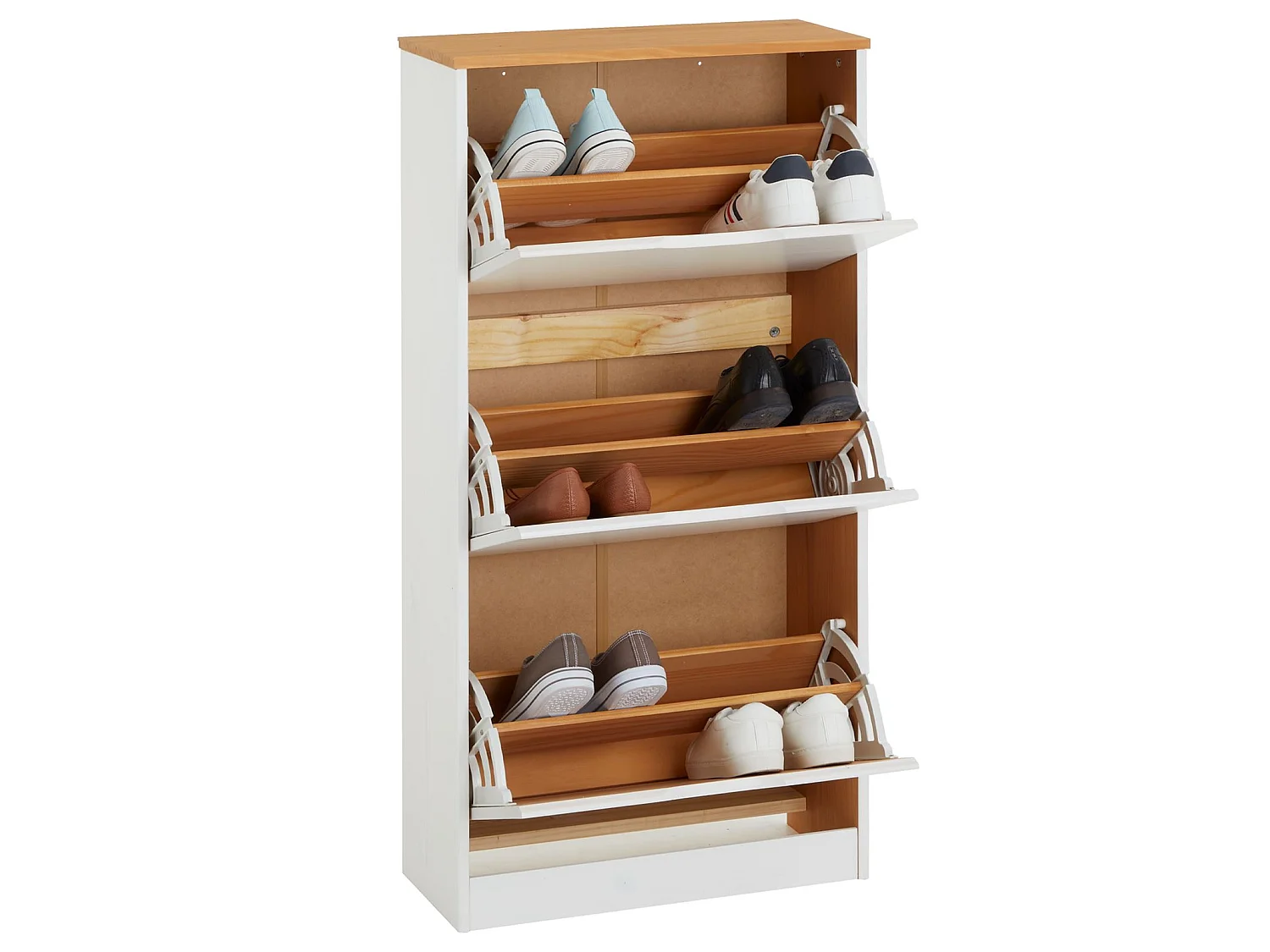 Meuble à chaussures BASIL armoire avec 3 abattants rangement pour 18 paires, pin massif lasuré blanc et brun, style campagne