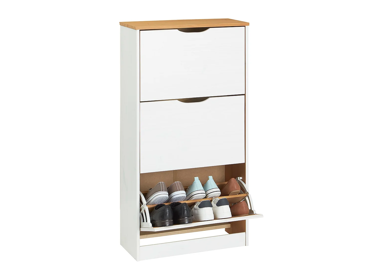 Meuble à chaussures BASIL armoire avec 3 abattants rangement pour 18 paires, pin massif lasuré blanc et brun, style campagne