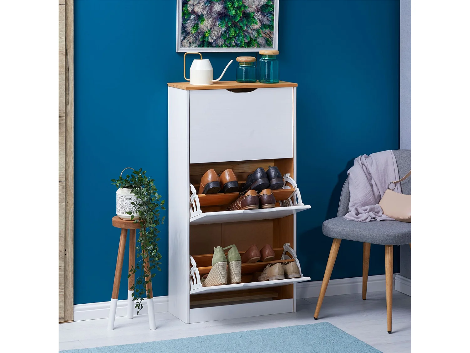 Meuble à chaussures BASIL armoire avec 3 abattants rangement pour 18 paires, pin massif lasuré blanc et brun, style campagne