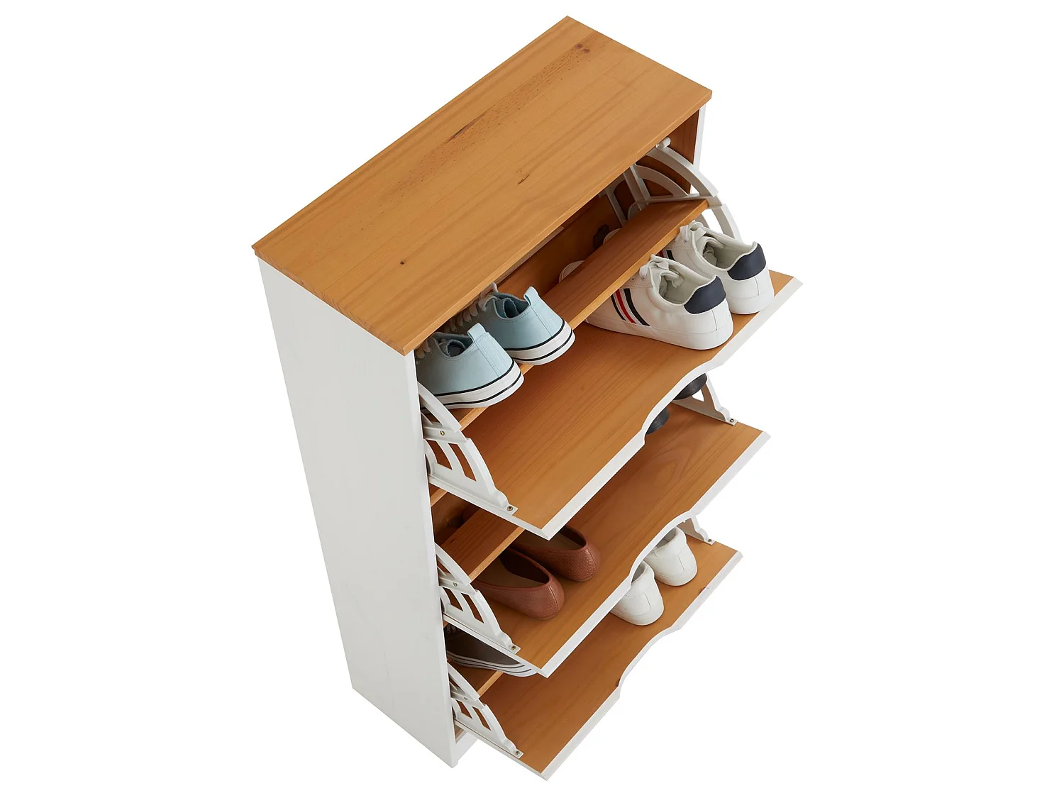 Meuble à chaussures BASIL armoire avec 3 abattants rangement pour 18 paires, pin massif lasuré blanc et brun, style campagne