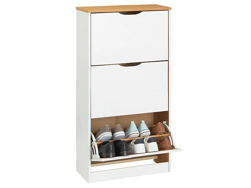 Meuble à chaussures BASIL armoire avec 3 abattants rangement pour 18 paires, pin massif lasuré blanc et brun, style campagne