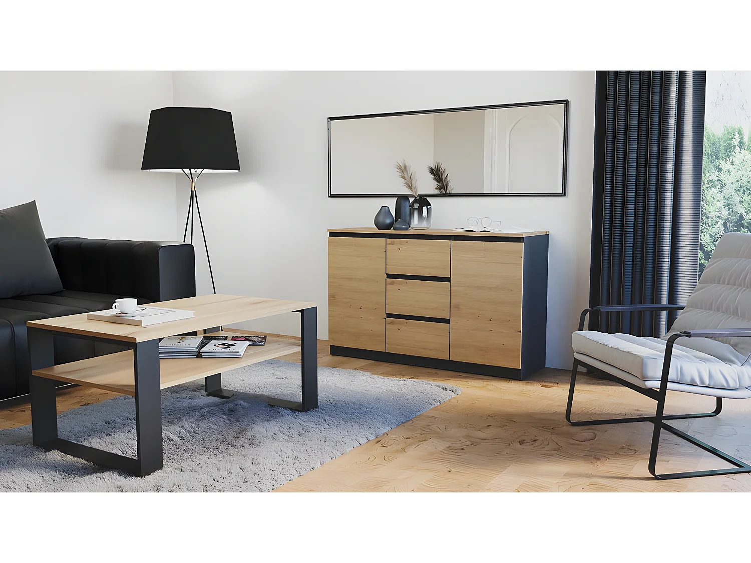 MILENA - Commode 2 portes + 3 tiroirs - Dimensions : 75x120x40 - Meuble de rangement - Buffet