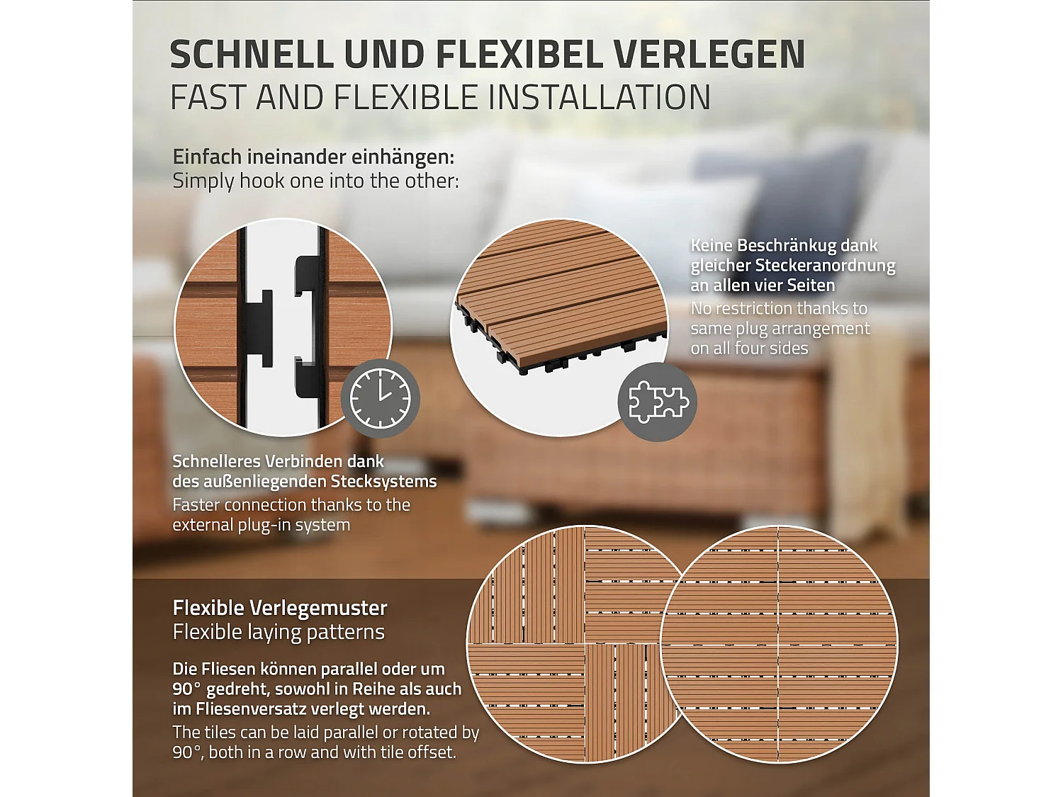 Carreaux terrasse dalles 30x30cm carrelage jardin aspect bois marron clair ECD Germany