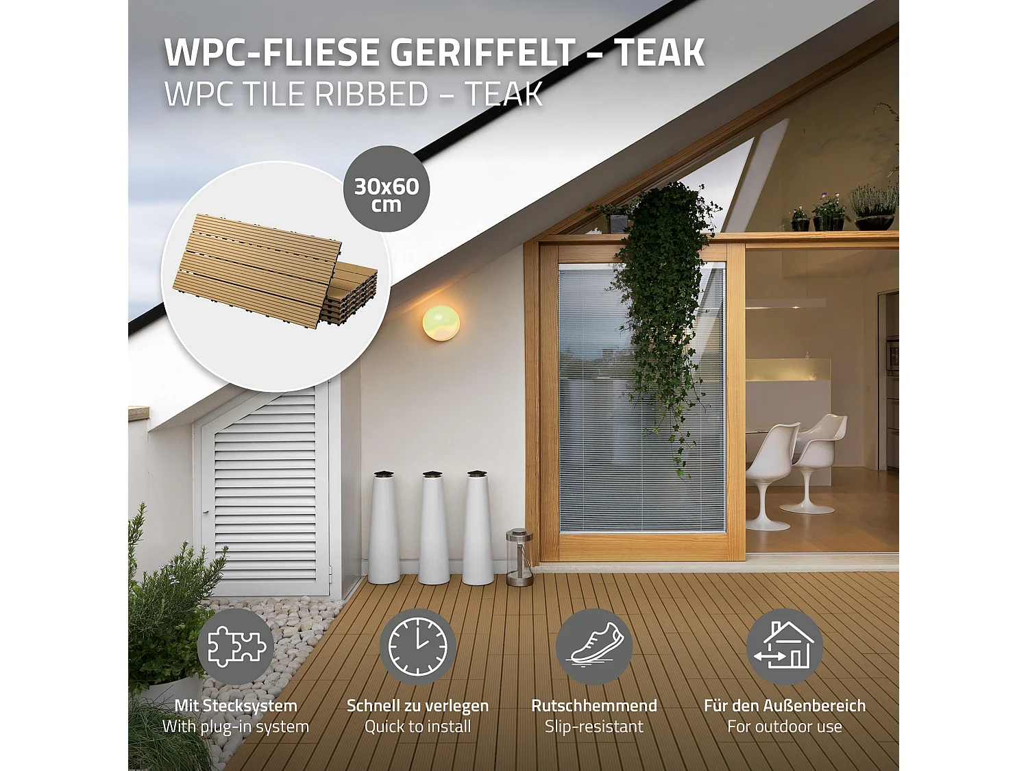 Carreaux WPC aspect bois 60x30cm 1 m² dalles de sol teck ECD Germany