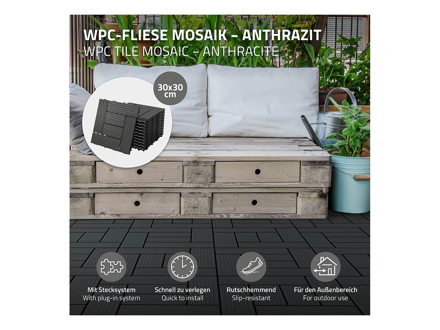 Carreaux de sol 30x30cm 1 m² pour jardin piscine patio mosaïque anthracite ECD Germany