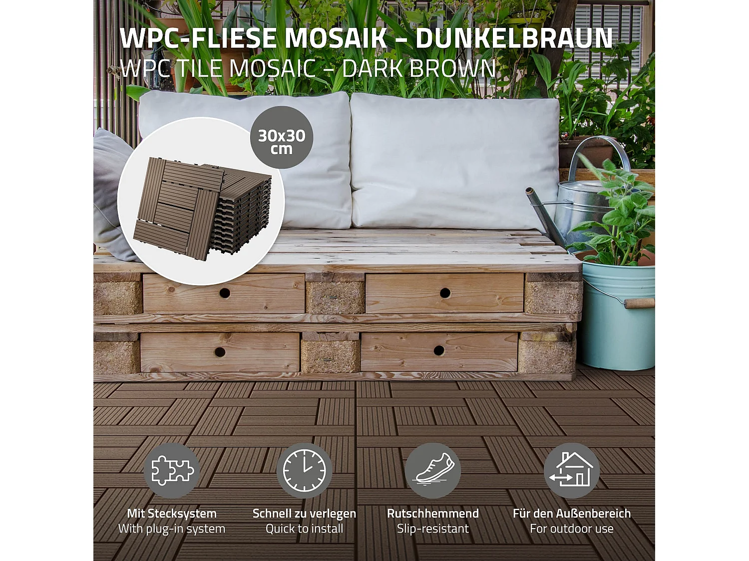 Baldosas de WPC 30x30cm 1 m² para jardín piscina patio mosaico ECD Germany