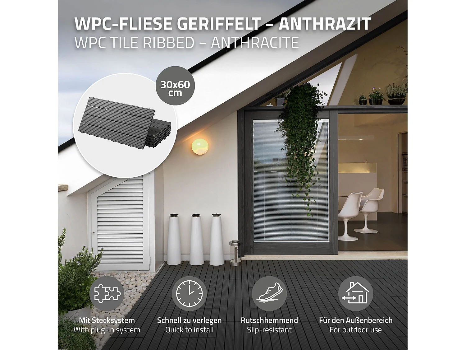 Carreaux terrasse dalles 60x30 cm 1 m² carrelage jardin aspect bois anthracite ECD Germany