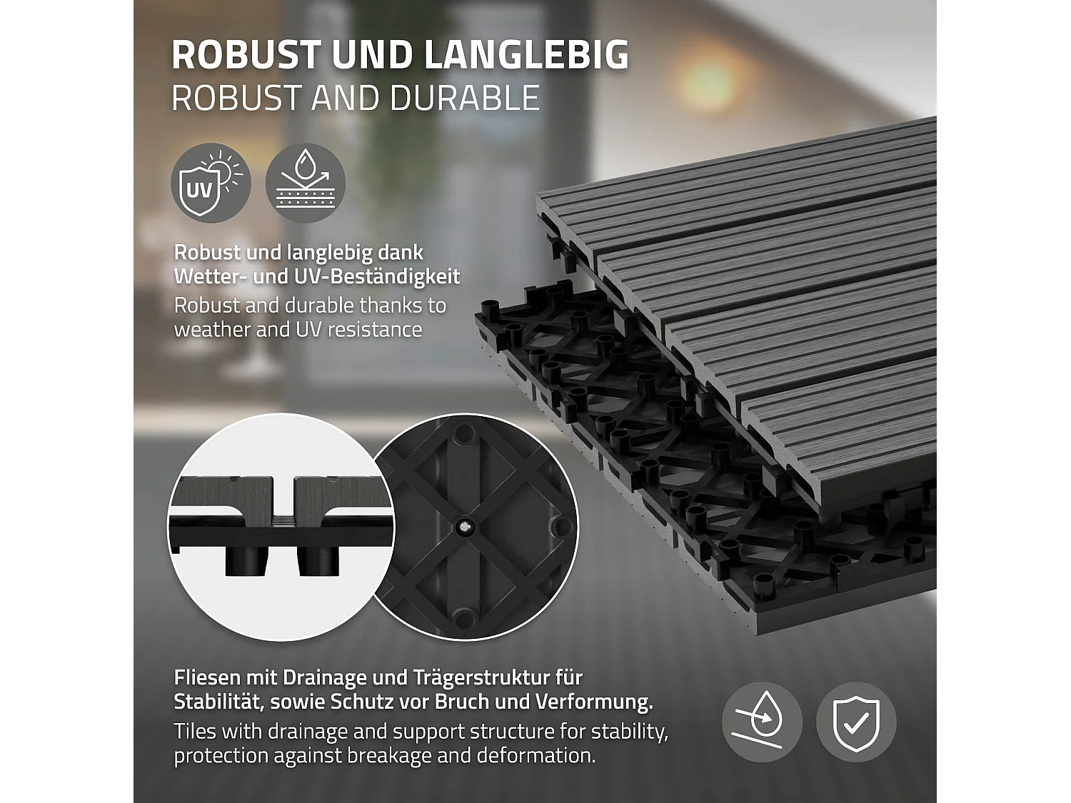 Carreaux terrasse dalles 60x30 cm 1 m² carrelage jardin aspect bois anthracite ECD Germany