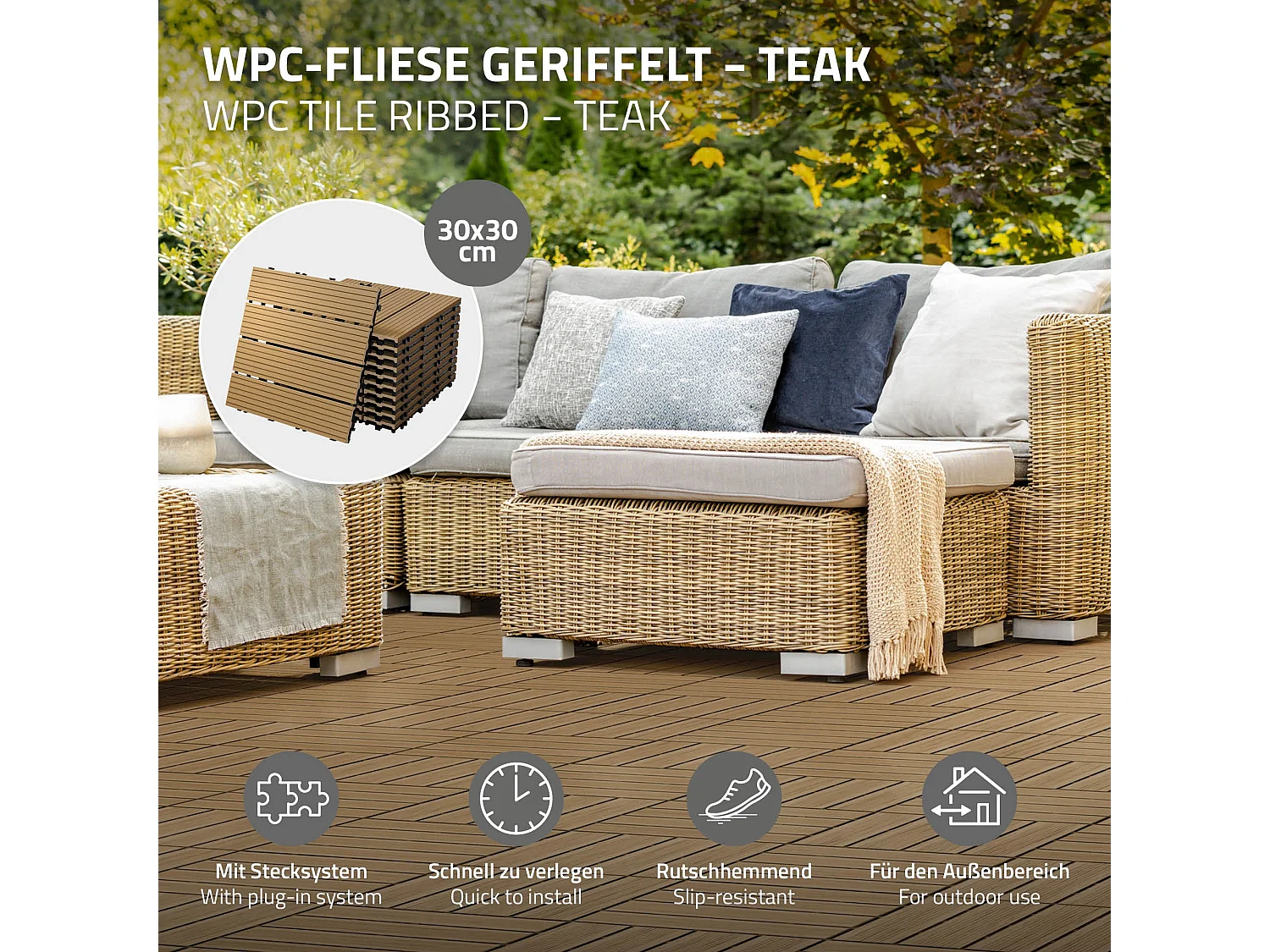 Baldosas de terraza 30x30 cm 1 m² baldosas de jardín WPC teca ECD Germany