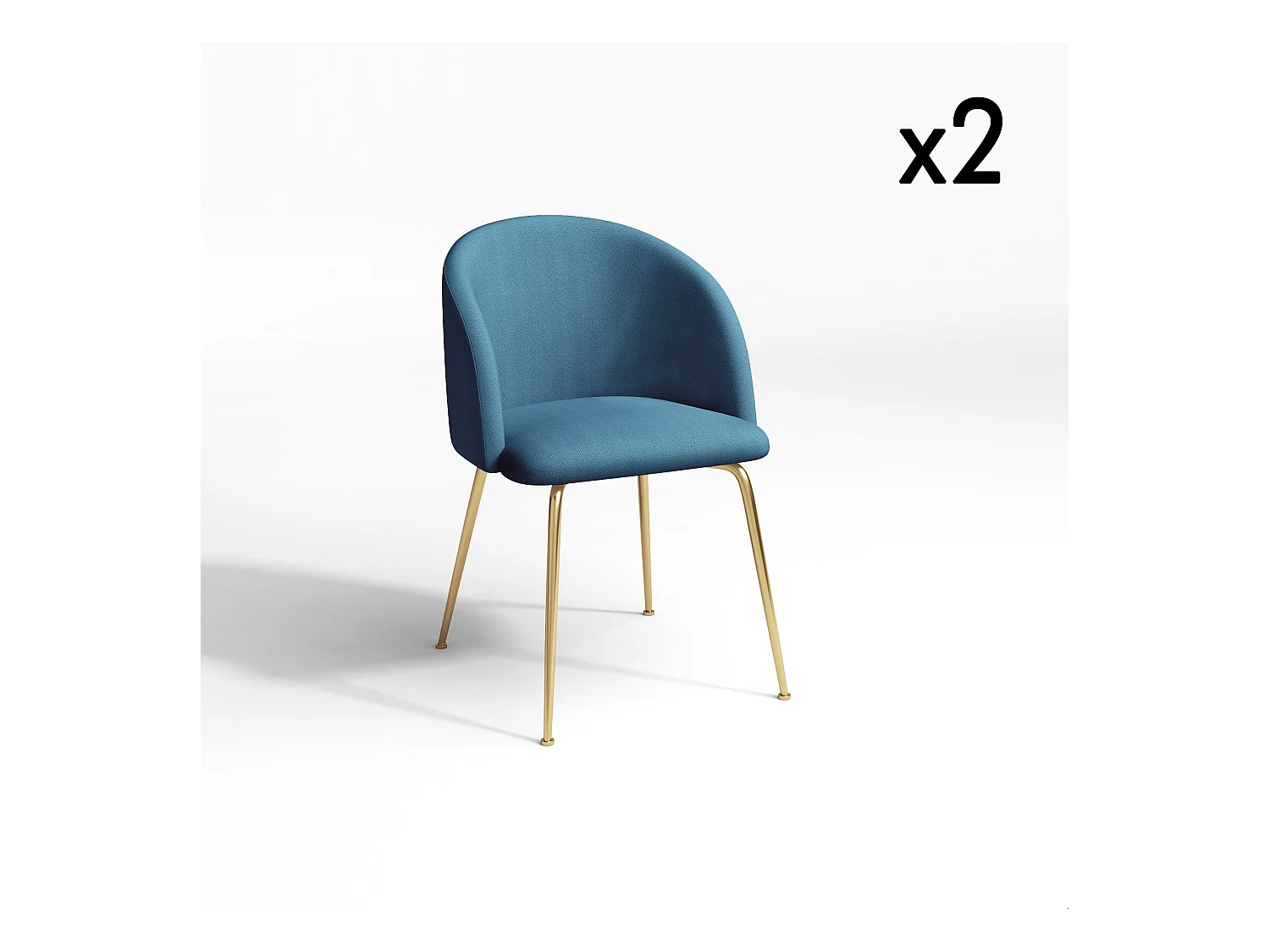 Lot de 2 chaises  tissu bleu pétrole pieds or chrome brossé